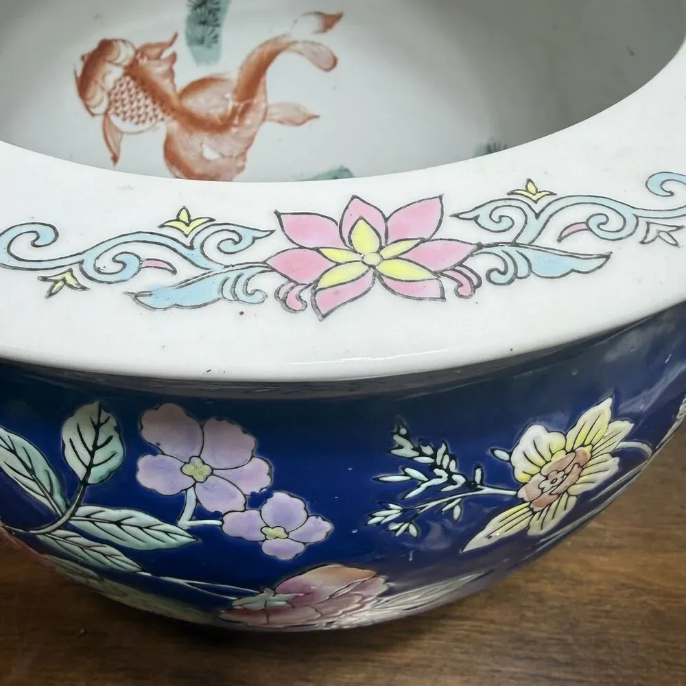 Vintage Porcelain Asian Fish Bowl Planter Pot Koi Chinoiserie 12x10 Blue Floral